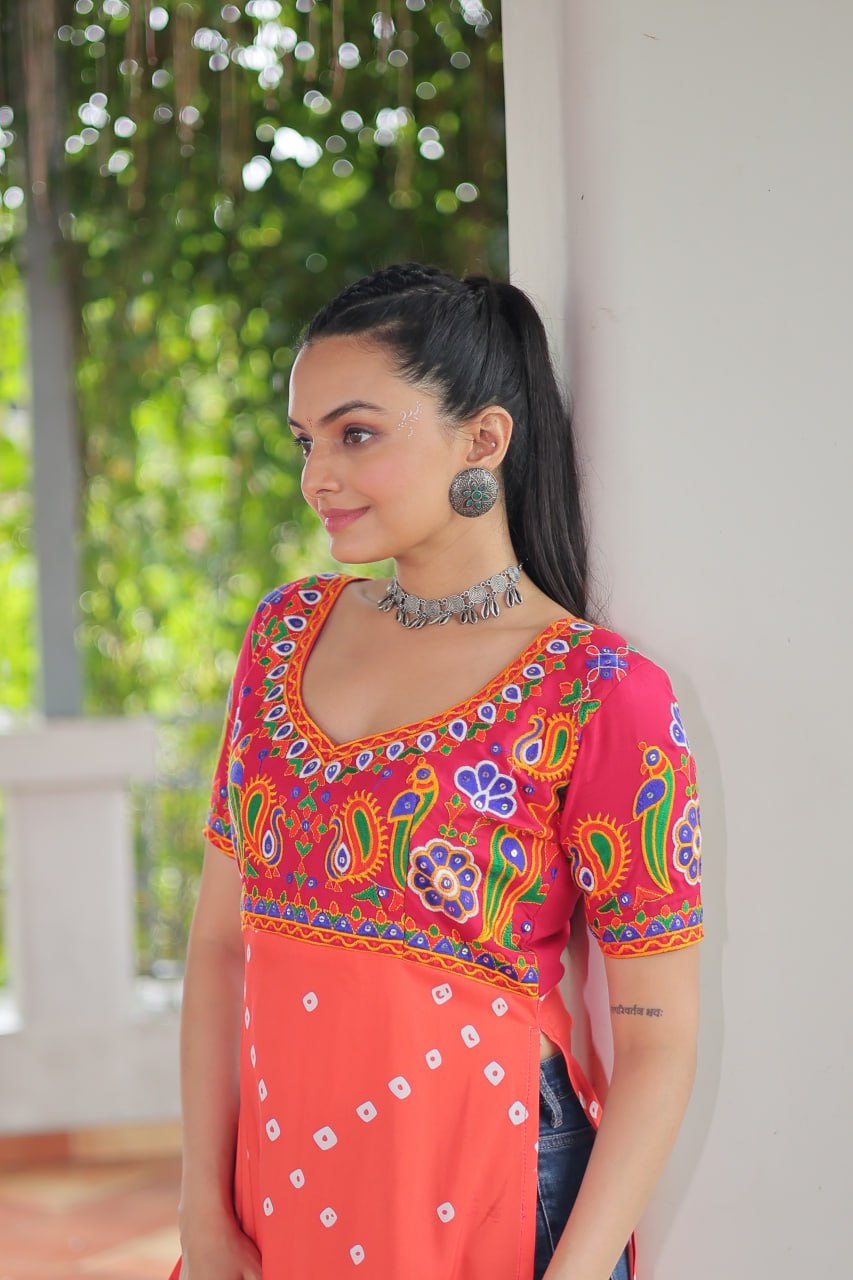 Pink & Peach shade Navratri Special Printed Rayon Kurti with Kutchi Gamthi Embroidery & Pan Neck