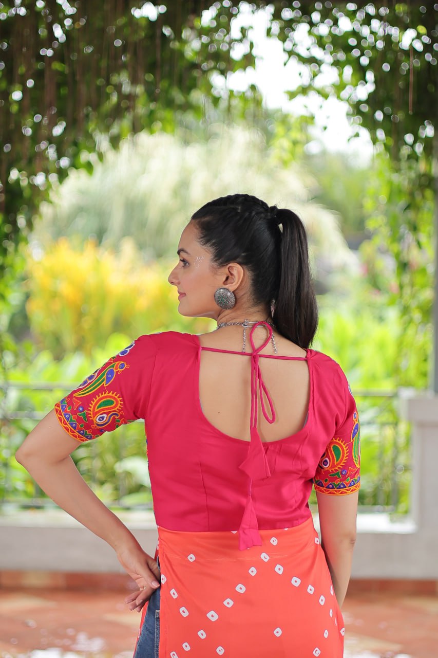 Pink & Peach shade Navratri Special Printed Rayon Kurti with Kutchi Gamthi Embroidery & Pan Neck