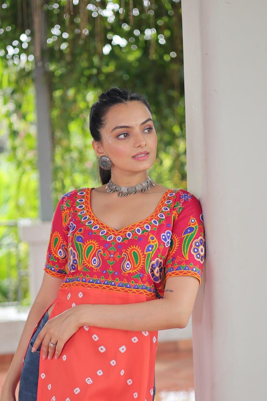 Pink & Peach shade Navratri Special Printed Rayon Kurti with Kutchi Gamthi Embroidery & Pan Neck