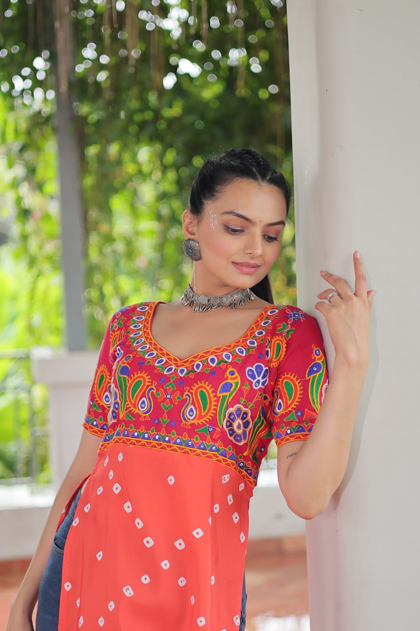 Pink & Peach shade Navratri Special Printed Rayon Kurti with Kutchi Gamthi Embroidery & Pan Neck