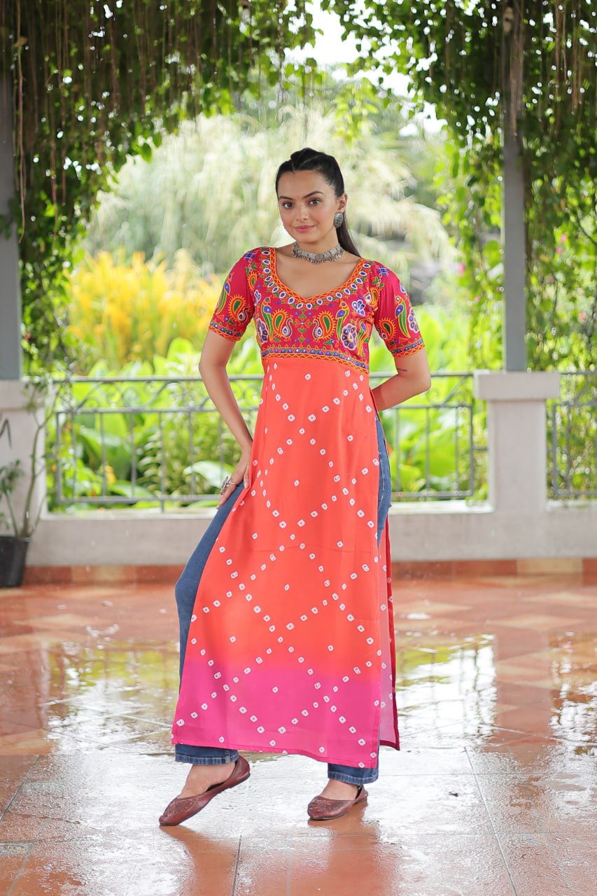 Pink & Peach shade Navratri Special Printed Rayon Kurti with Kutchi Gamthi Embroidery & Pan Neck
