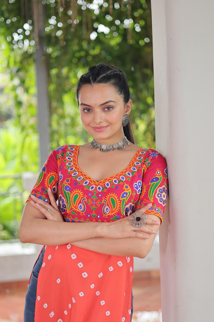 Pink & Peach shade Navratri Special Printed Rayon Kurti with Kutchi Gamthi Embroidery & Pan Neck