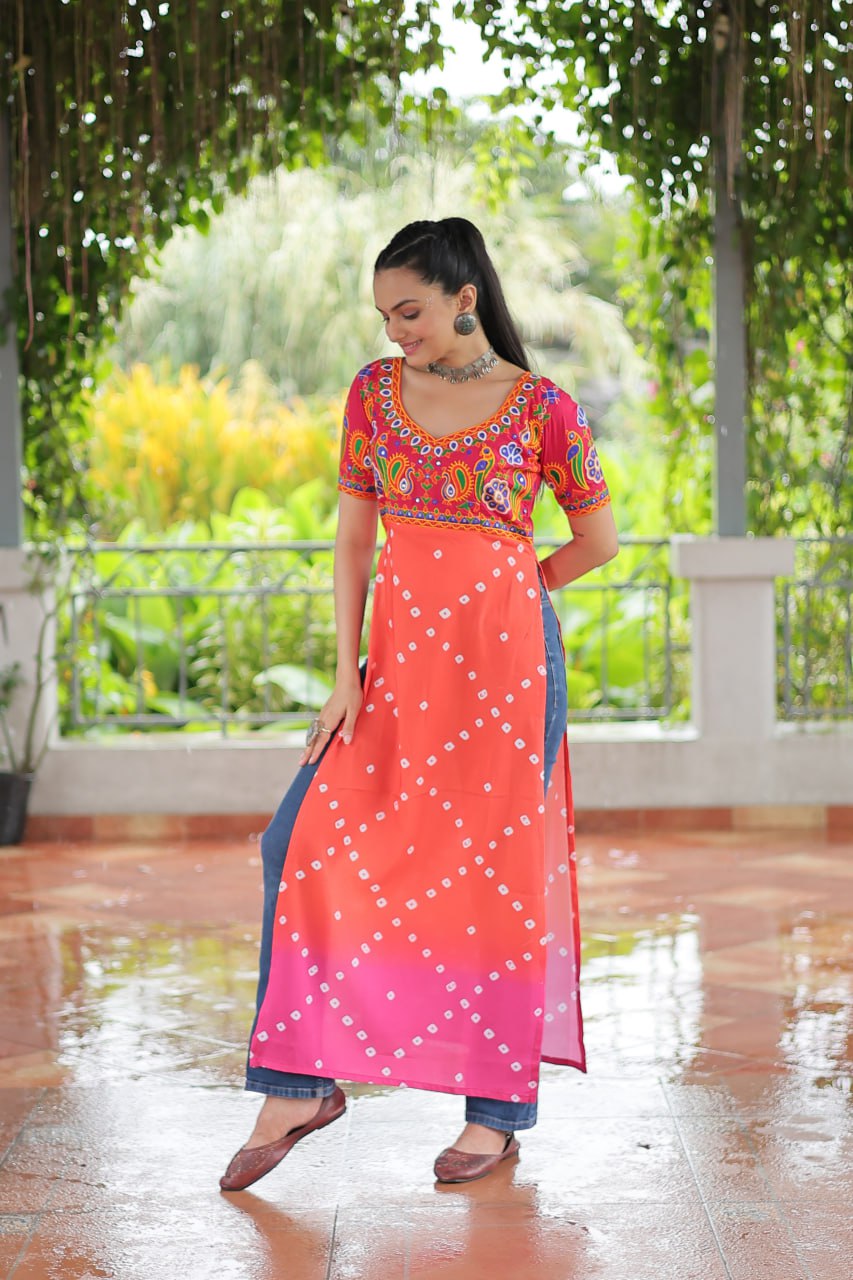 Pink & Peach shade Navratri Special Printed Rayon Kurti with Kutchi Gamthi Embroidery & Pan Neck