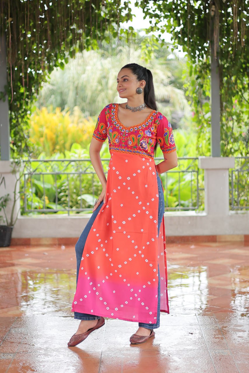 Pink & Peach shade Navratri Special Printed Rayon Kurti with Kutchi Gamthi Embroidery & Pan Neck