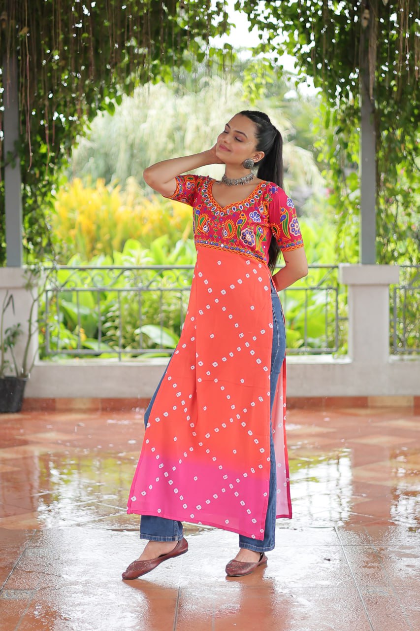 Pink & Peach shade Navratri Special Printed Rayon Kurti with Kutchi Gamthi Embroidery & Pan Neck