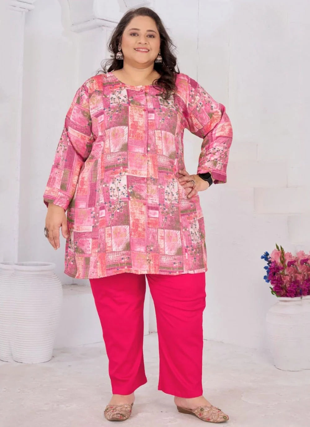 Pink plus size printed kurti for women in soft riyon slub fabric