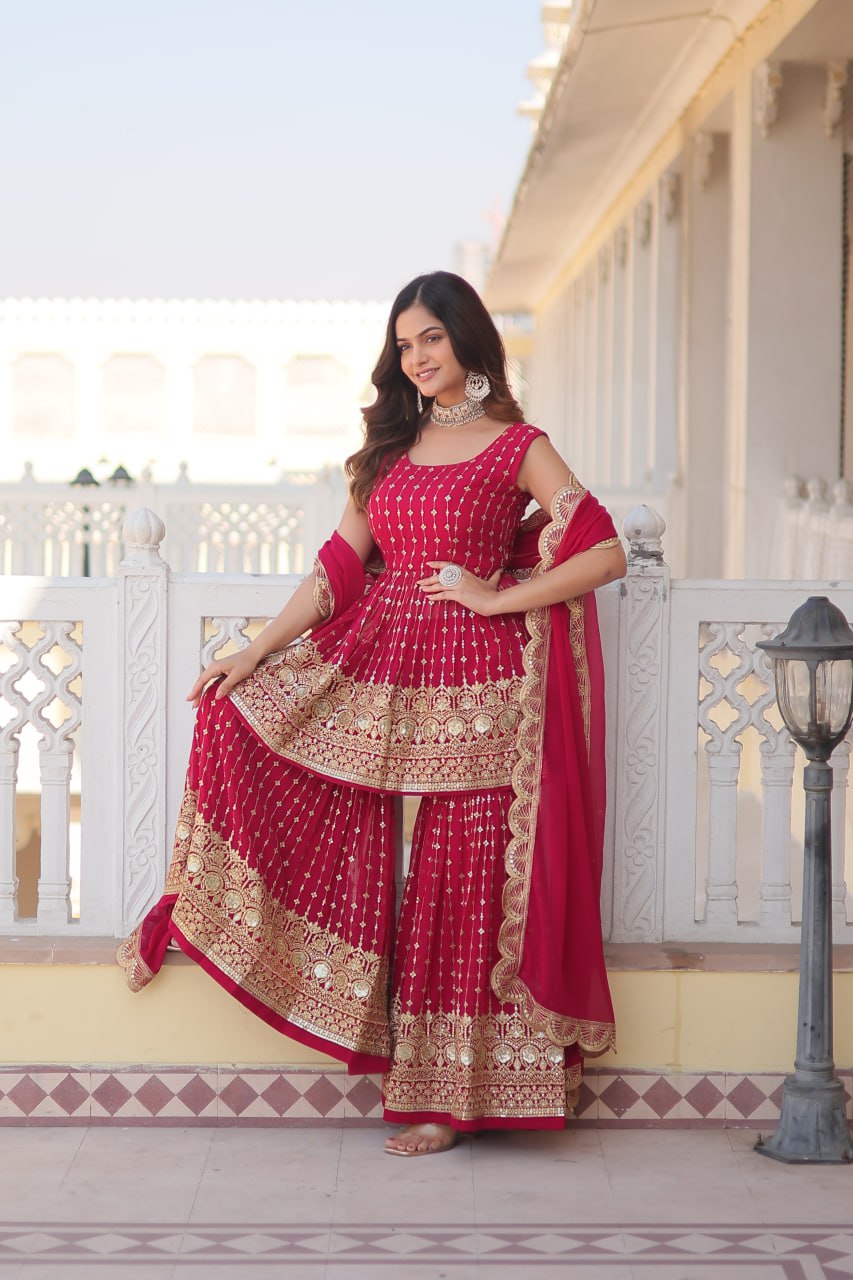 Pink Premium Designer Kurti-Gharara-Dupatta Set for Dazzling Occasions