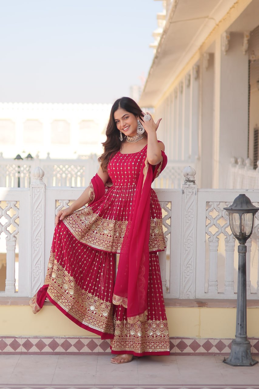 Pink Premium Designer Kurti-Gharara-Dupatta Set for Dazzling Occasions