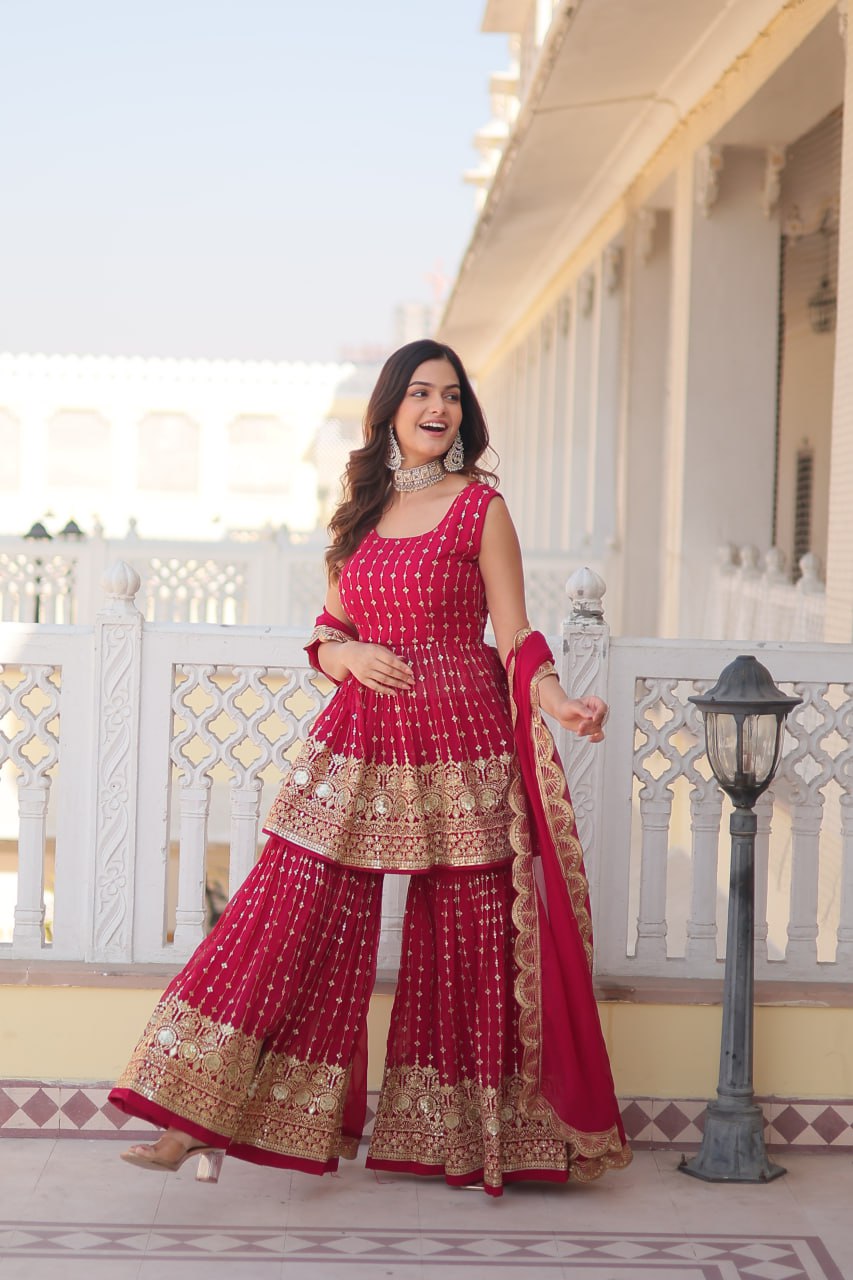 Pink Premium Designer Kurti-Gharara-Dupatta Set for Dazzling Occasions