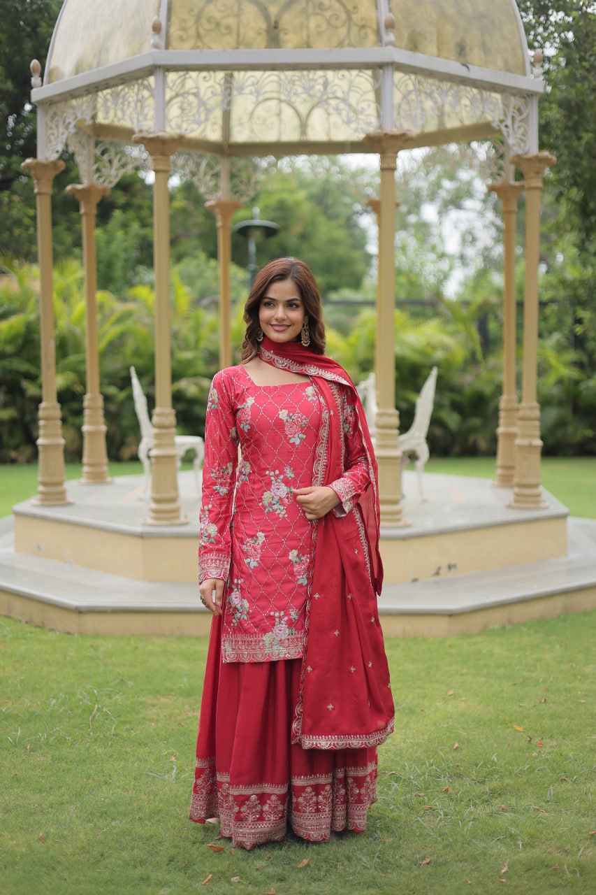 Pink Premium Designer Kurti-Plazzo-Dupatta Set