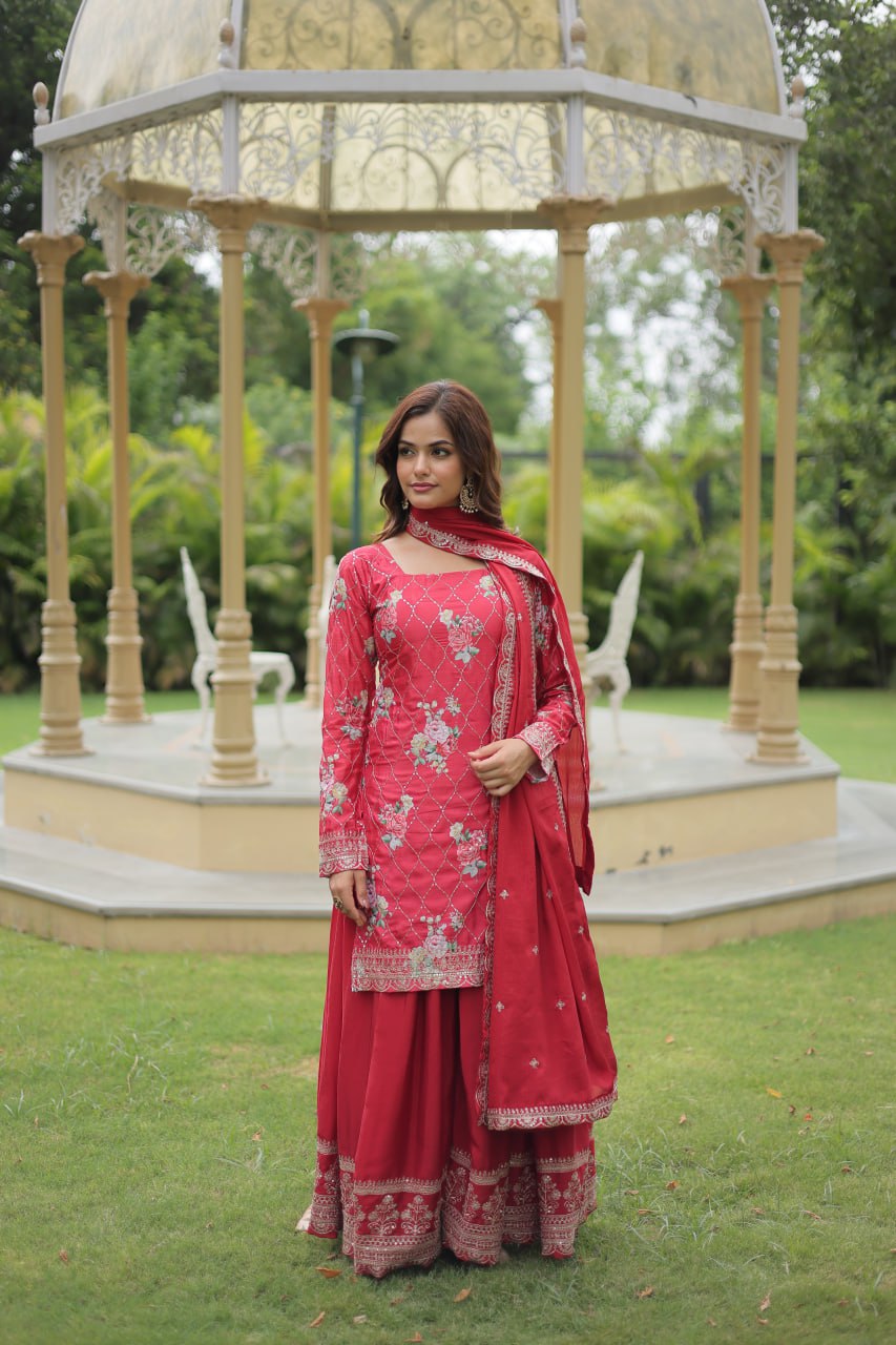 Pink Premium Designer Kurti-Plazzo-Dupatta Set