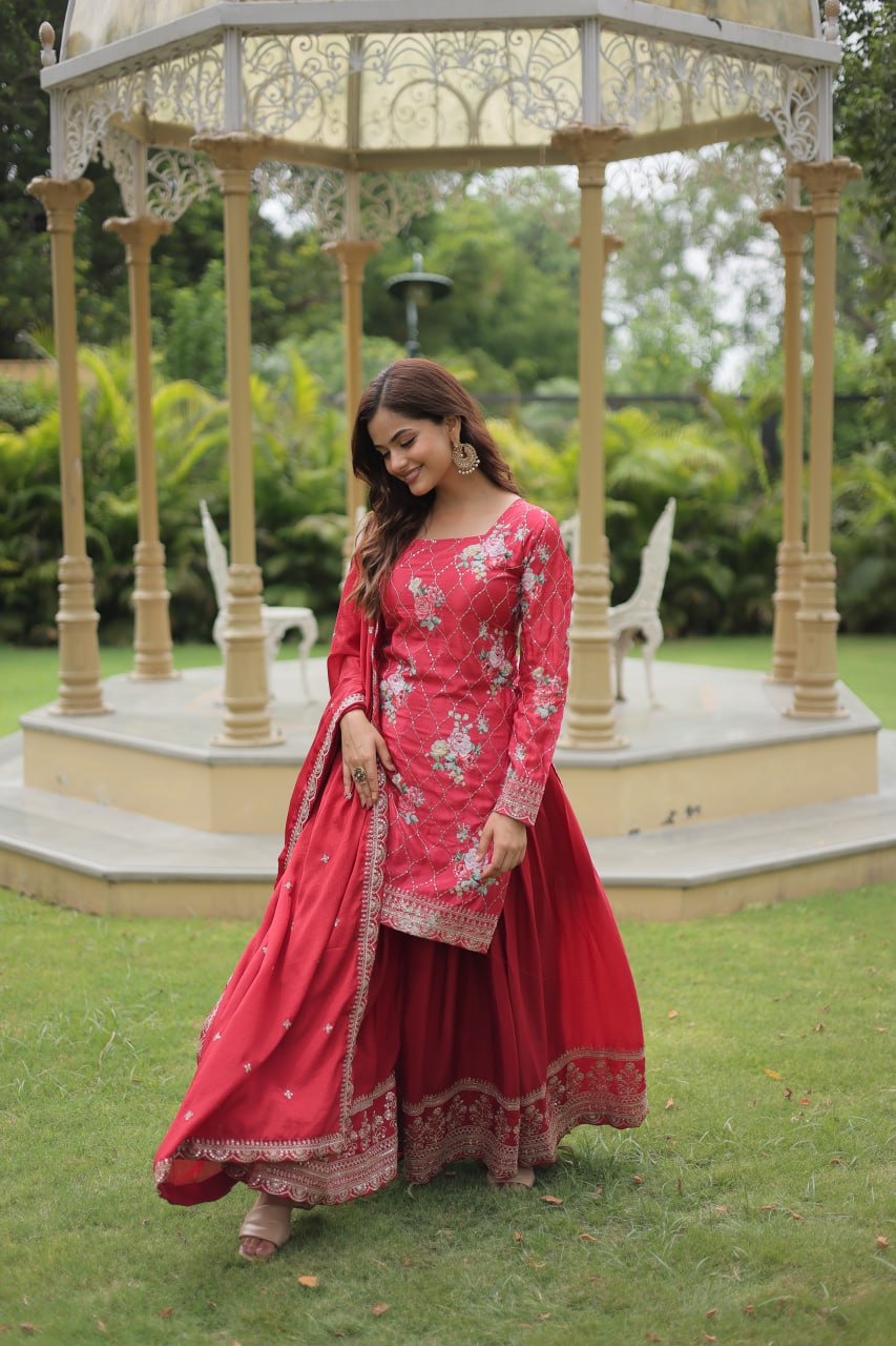 Pink Premium Designer Kurti-Plazzo-Dupatta Set