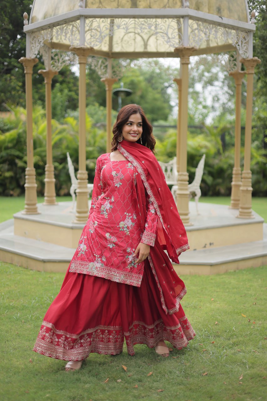 Pink Premium Designer Kurti-Plazzo-Dupatta Set