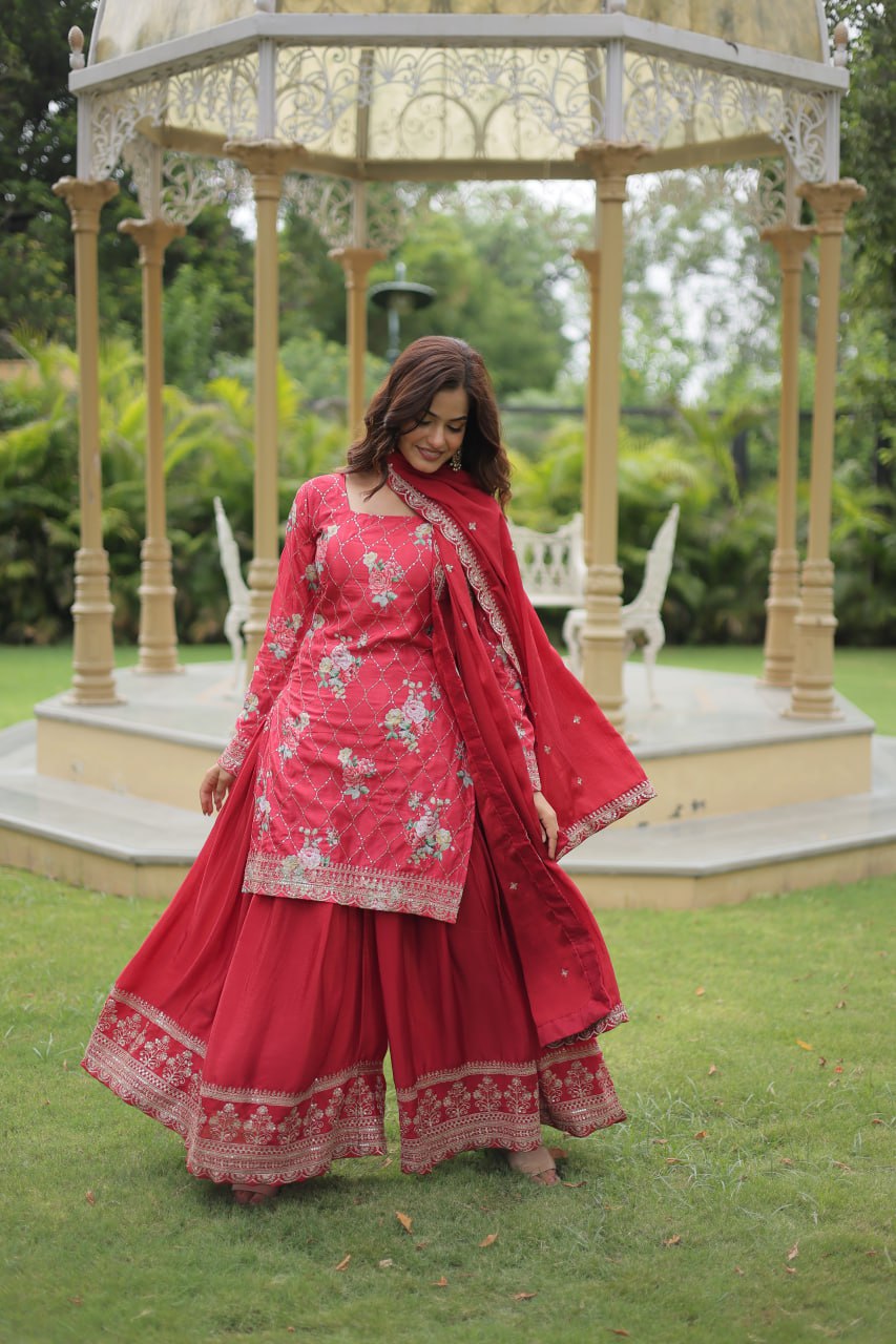 Pink Premium Designer Kurti-Plazzo-Dupatta Set