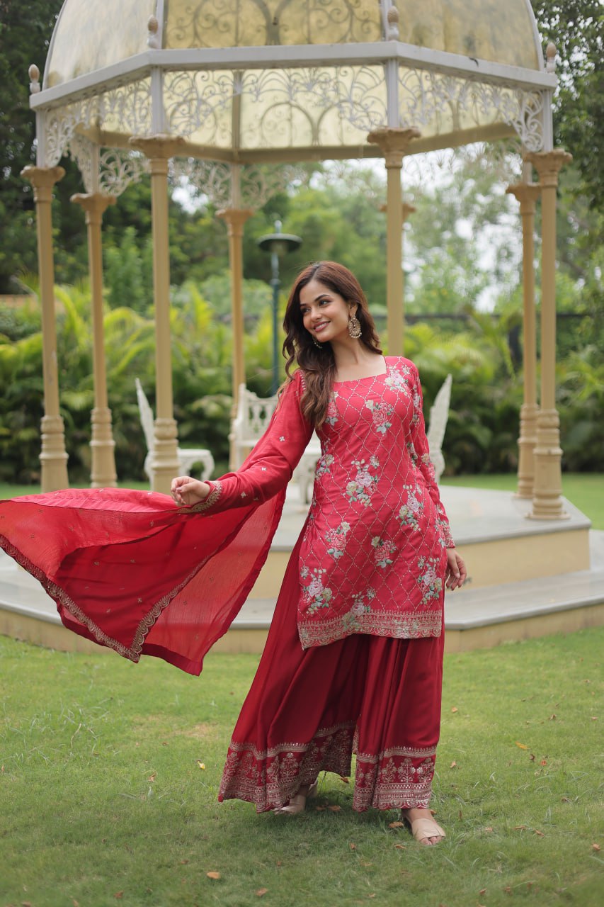 Pink Premium Designer Kurti-Plazzo-Dupatta Set