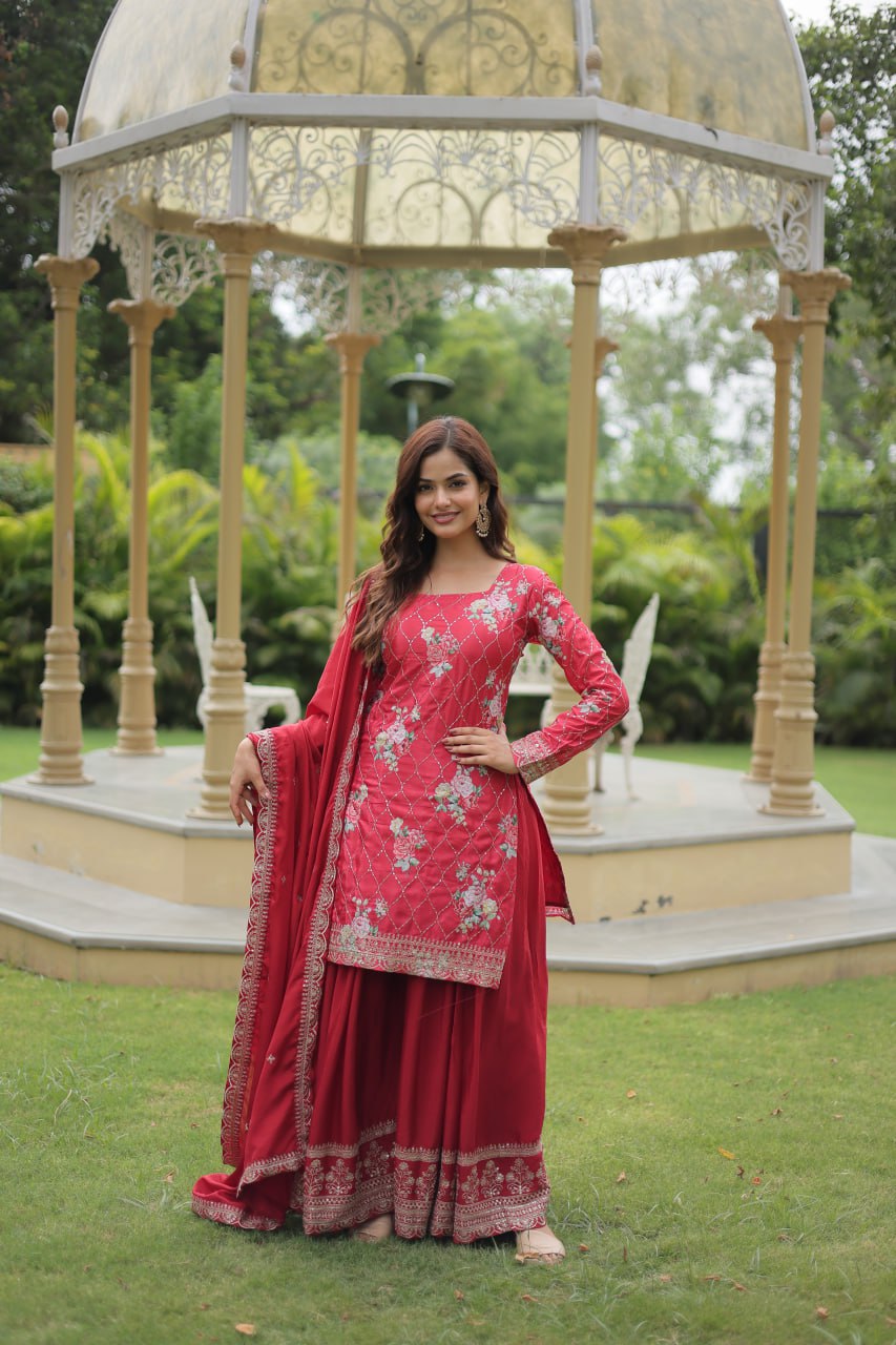 Pink Premium Designer Kurti-Plazzo-Dupatta Set