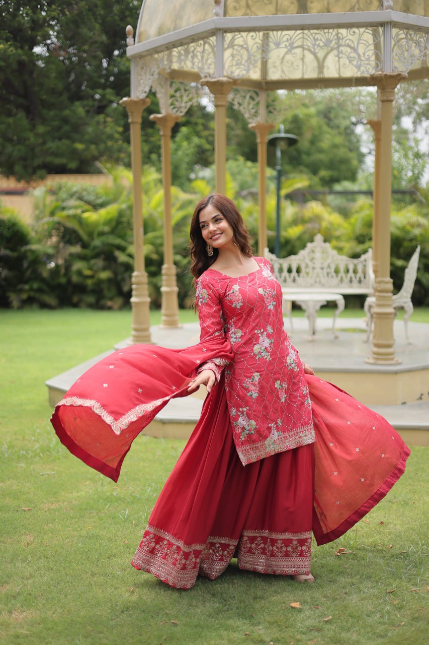 Pink Premium Designer Kurti-Plazzo-Dupatta Set