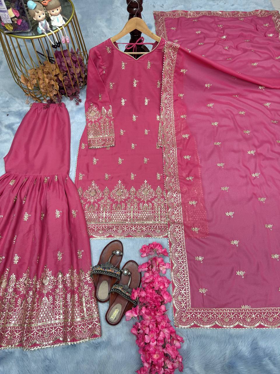 Pink Premium Designer Party Wear Top Sarara & Dupatta Set