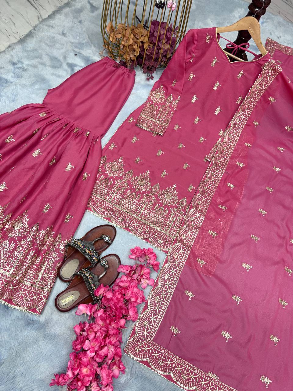 Pink Premium Designer Party Wear Top Sarara & Dupatta Set