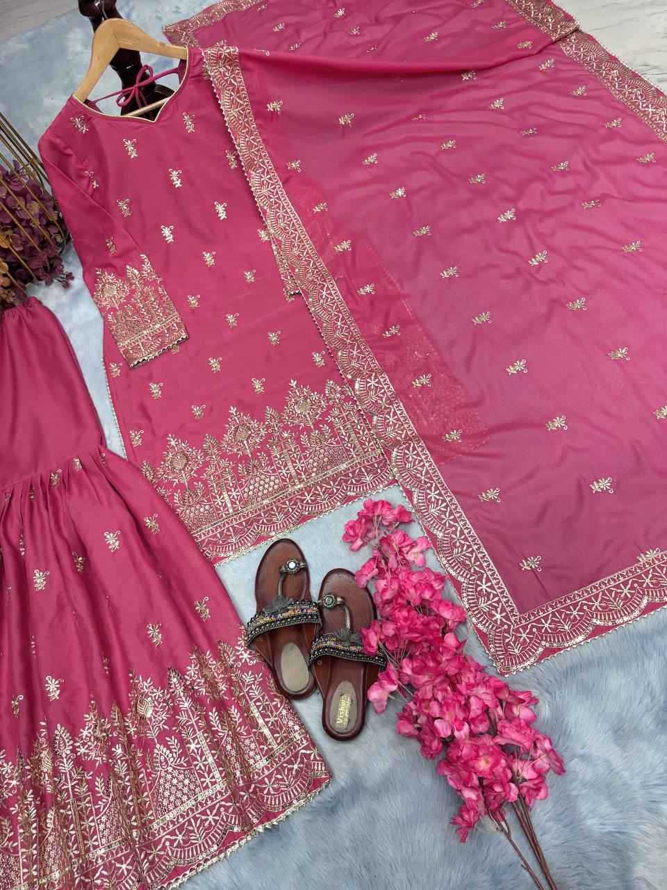 Pink Premium Designer Party Wear Top Sarara & Dupatta Set