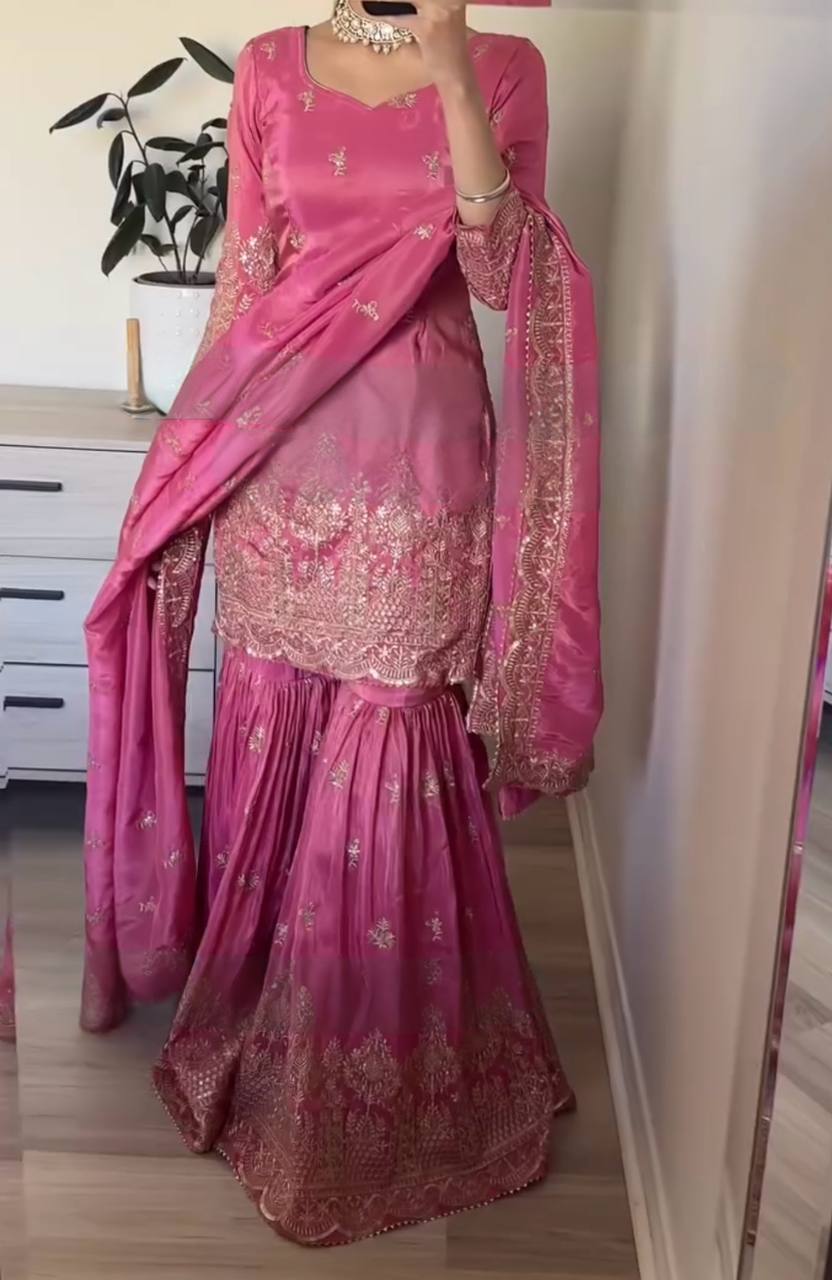 Pink Premium Designer Party Wear Top Sarara & Dupatta Set