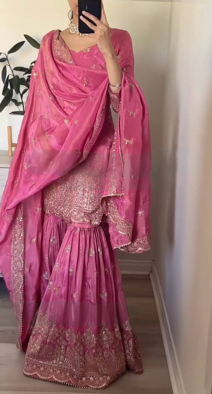 Pink Premium Designer Party Wear Top Sarara & Dupatta Set