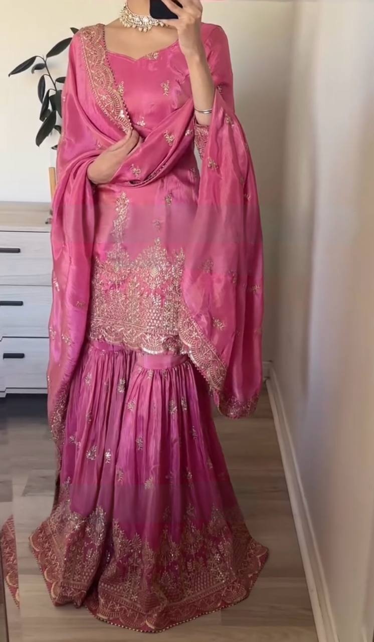 Pink Premium Designer Party Wear Top Sarara & Dupatta Set