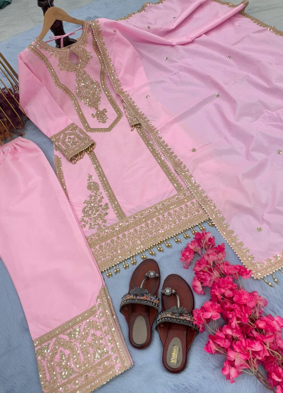 Pink Premium Designer Ready-to-Wear Top, Plazzo & Dupatta Set