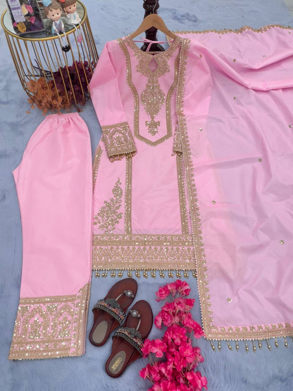 Pink Premium Designer Ready-to-Wear Top, Plazzo & Dupatta Set