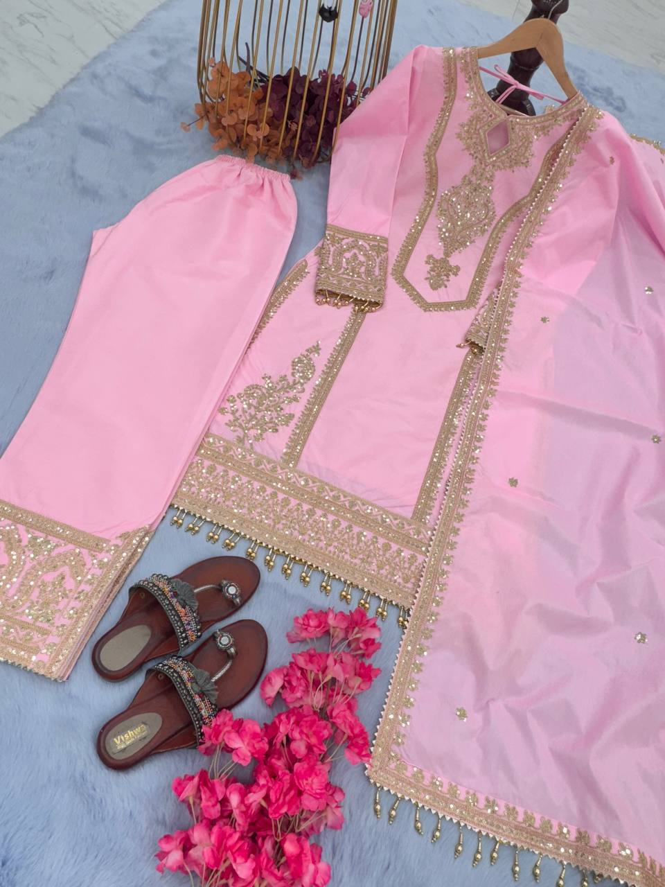 Pink Premium Designer Ready-to-Wear Top, Plazzo & Dupatta Set