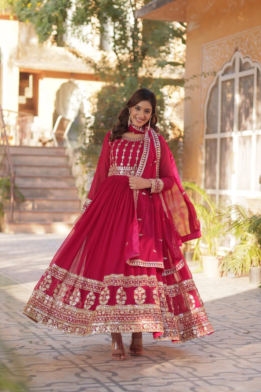Pink Premium Designer Readymade Gown-Dupatta Collection