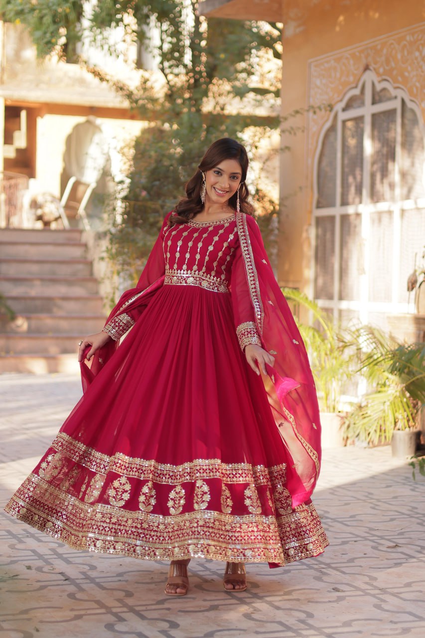 Pink Premium Designer Readymade Gown-Dupatta Collection