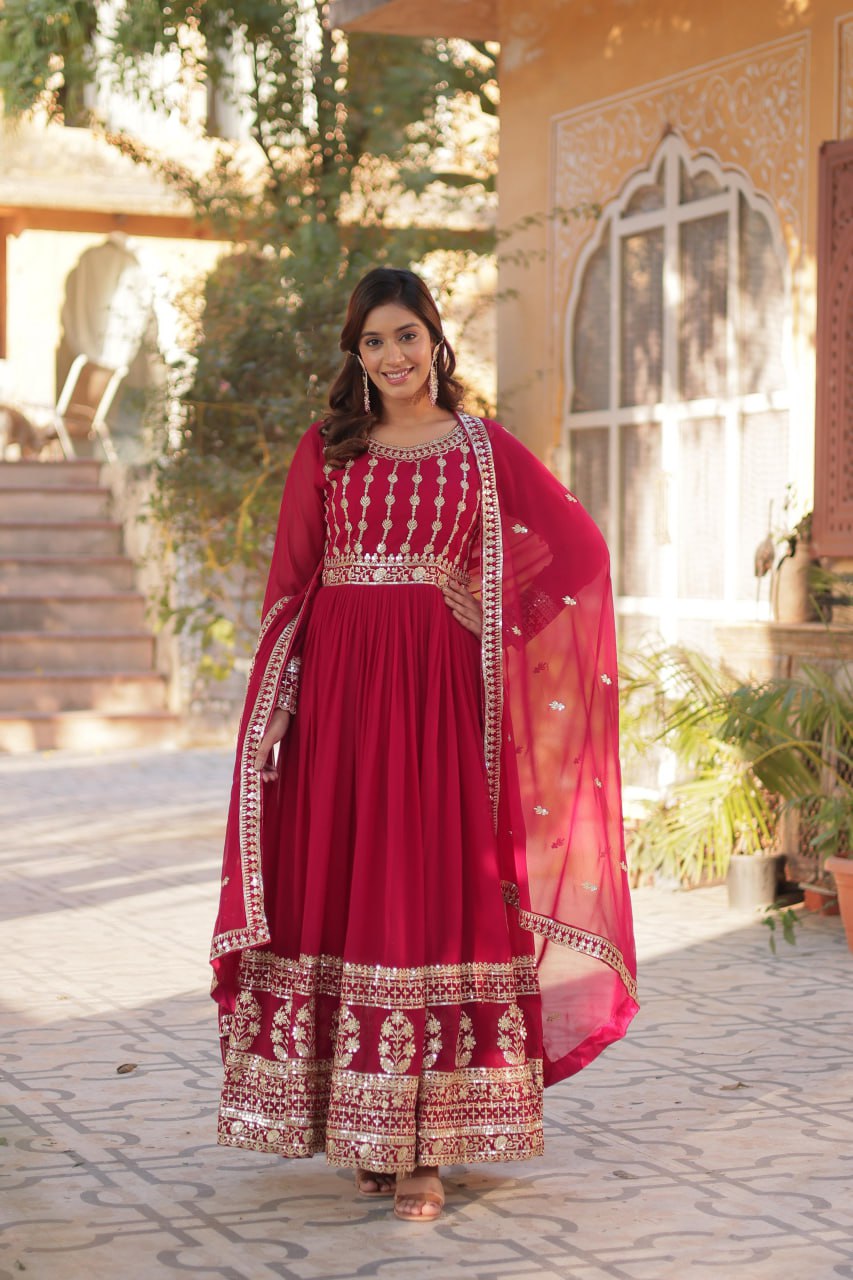 Pink Premium Designer Readymade Gown-Dupatta Collection