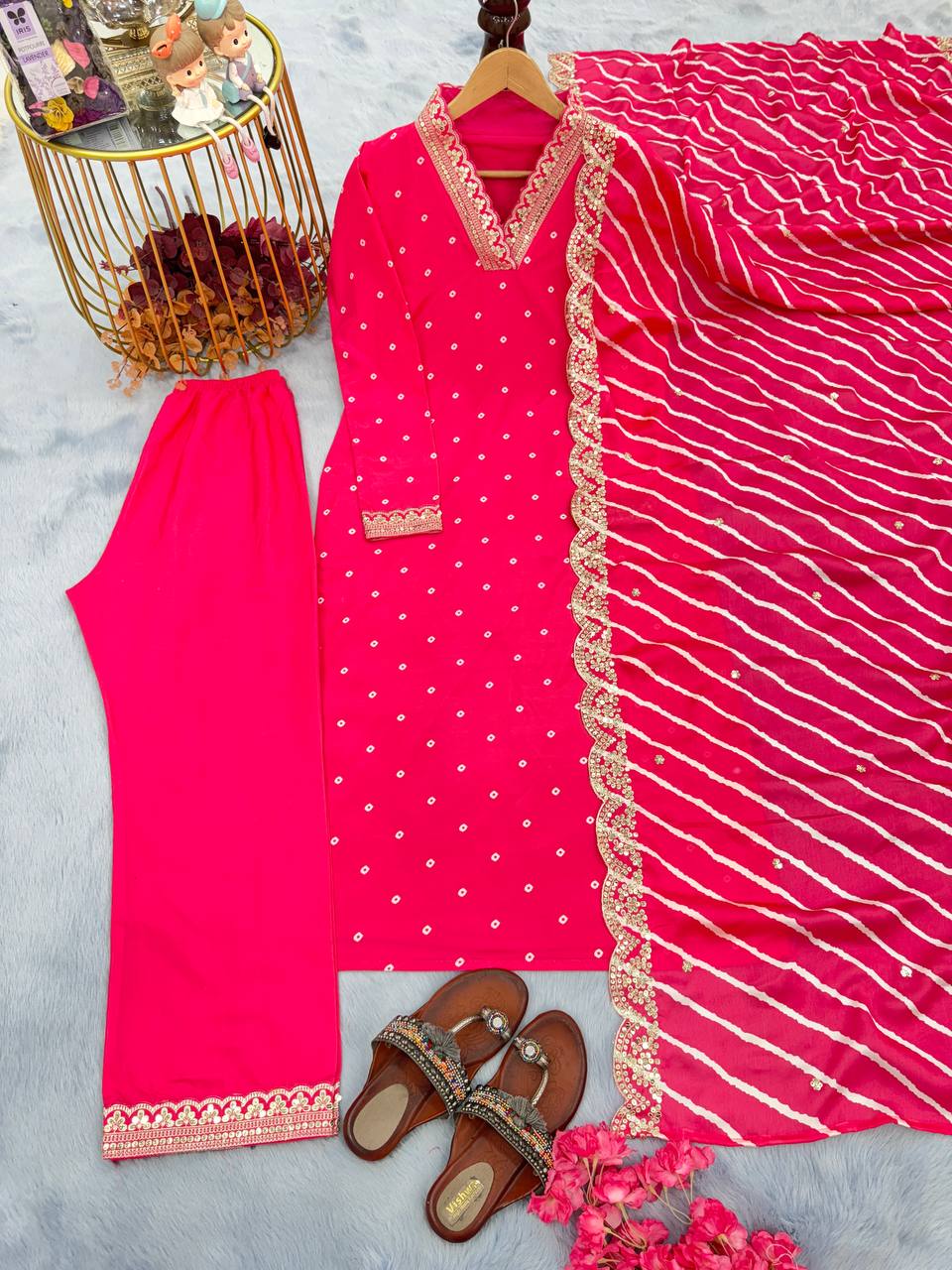 Pink Premium Designer Readymade Top, Bottom & Dupatta Set - Party Wear Collection