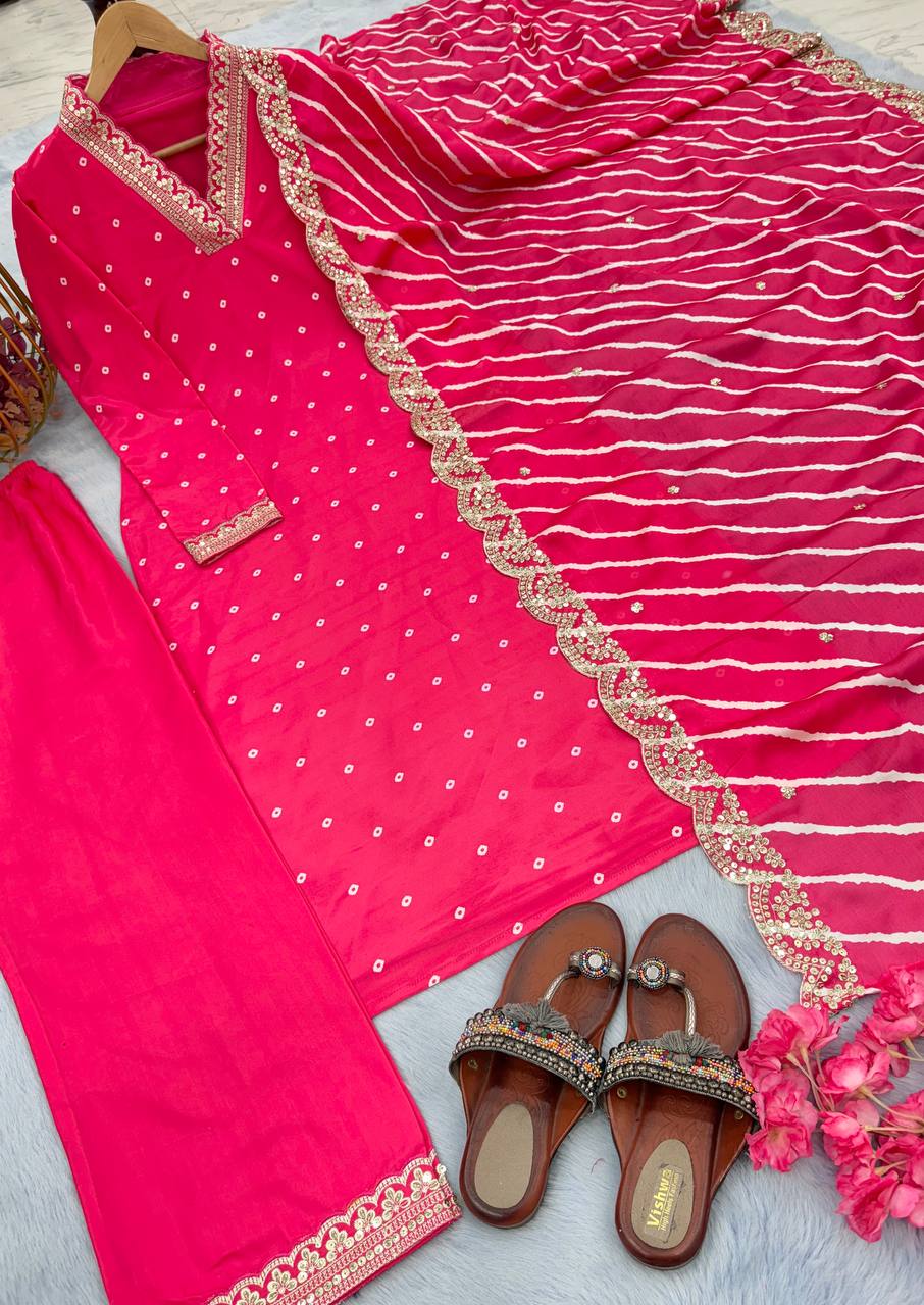 Pink Premium Designer Readymade Top, Bottom & Dupatta Set - Party Wear Collection