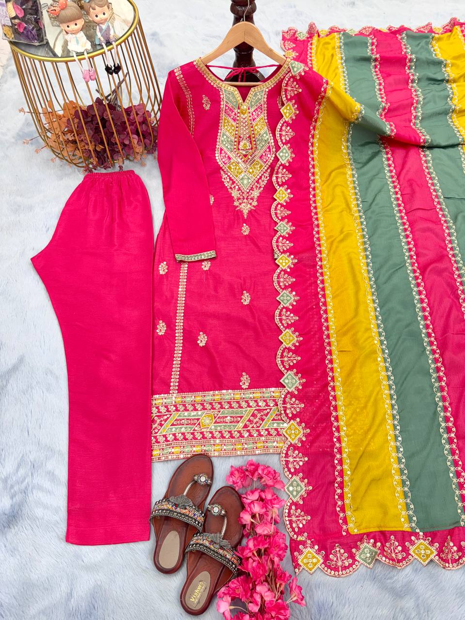 Pink Premium Designer Readymade Top, Plazzo & multi color Dupatta Set - Heavy Party Wear Collection
