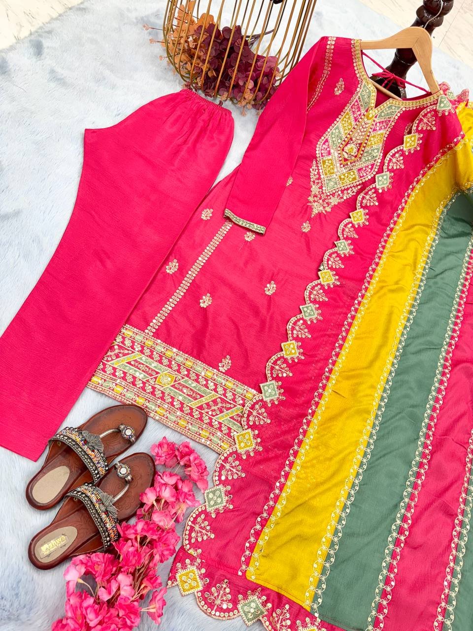 Pink Premium Designer Readymade Top, Plazzo & multi color Dupatta Set - Heavy Party Wear Collection