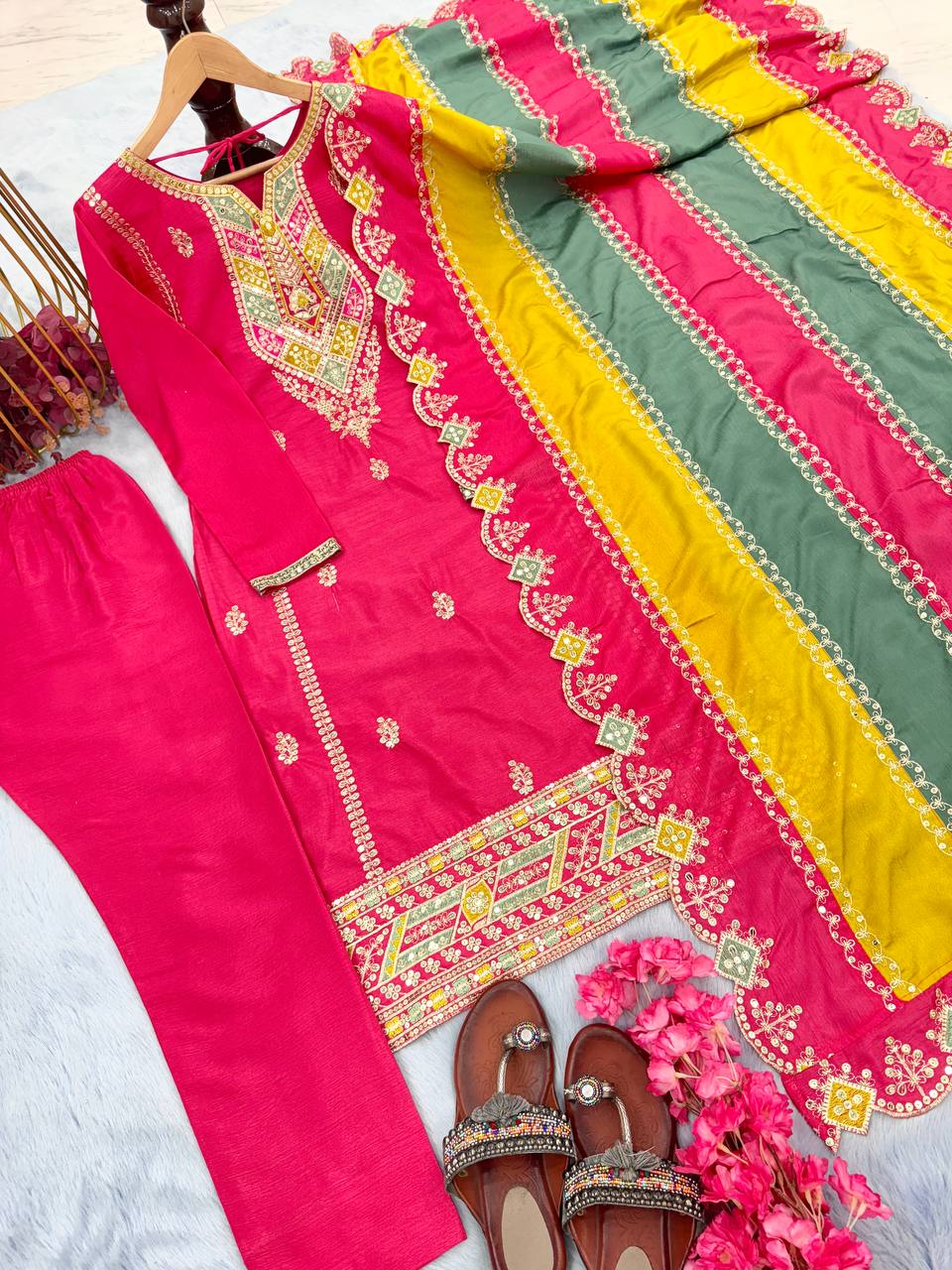 Pink Premium Designer Readymade Top, Plazzo & multi color Dupatta Set - Heavy Party Wear Collection