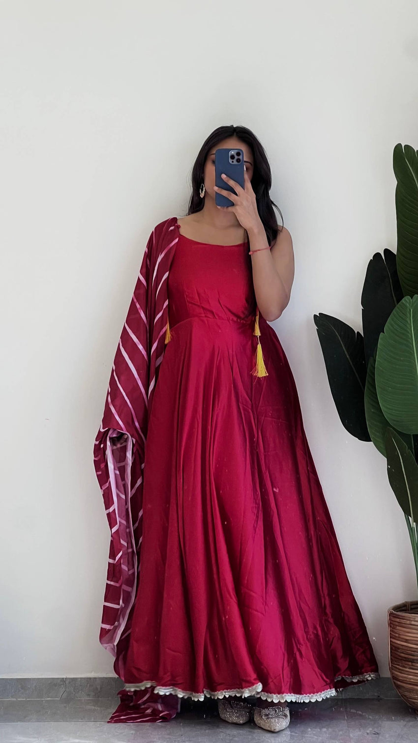 Pink Premium Japan Silk Gown with Digital Print Chinon Dupatta – Fully Stitched