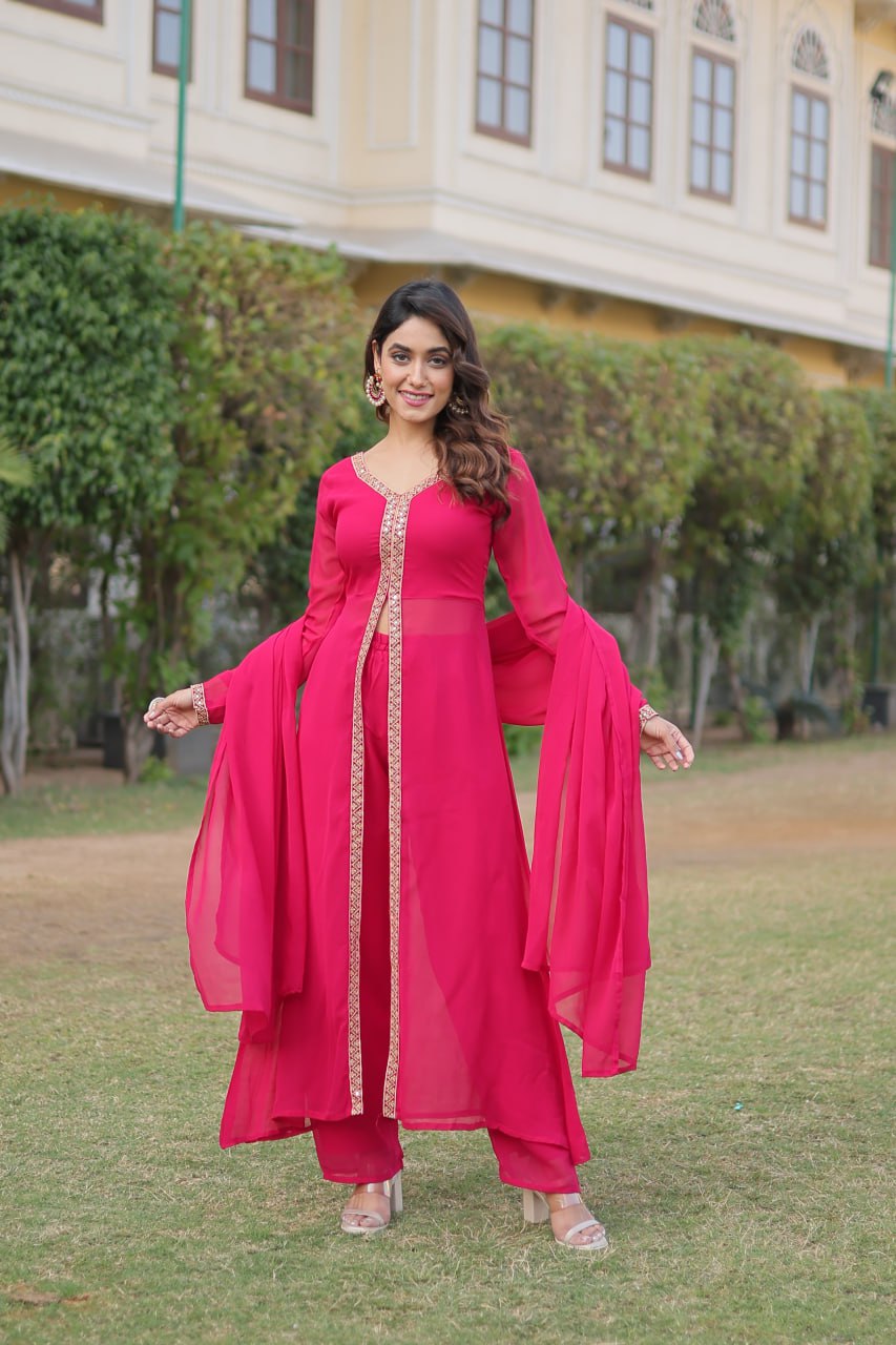 Pink Premium Readymade Kurti Pant Dupatta Set in Faux Blooming & Embroidery