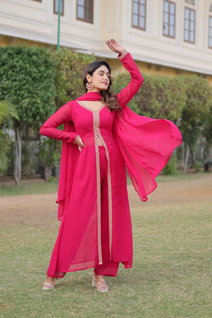 Pink Premium Readymade Kurti Pant Dupatta Set in Faux Blooming & Embroidery
