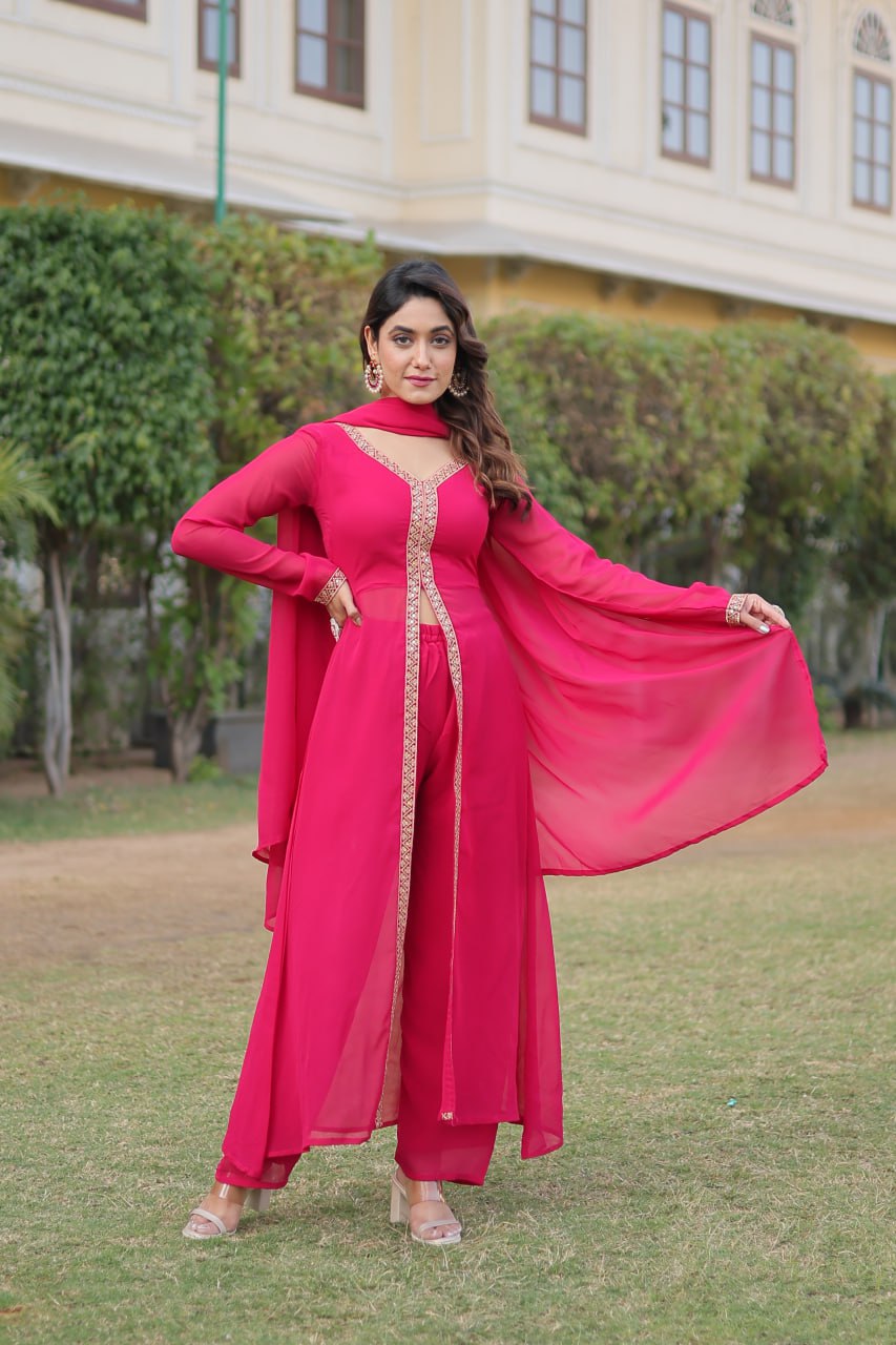 Pink Premium Readymade Kurti Pant Dupatta Set in Faux Blooming & Embroidery
