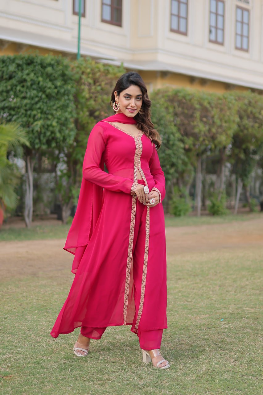 Pink Premium Readymade Kurti Pant Dupatta Set in Faux Blooming & Embroidery