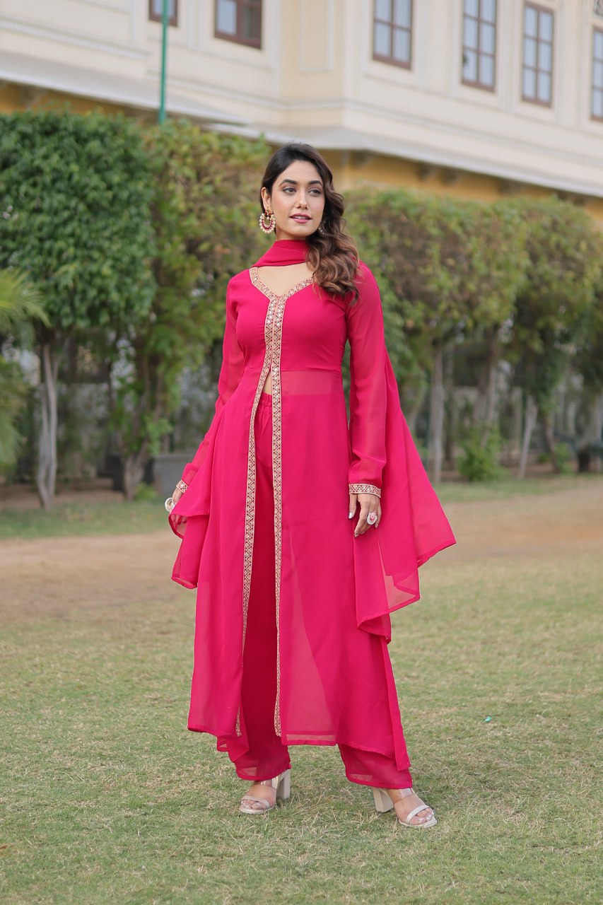 Pink Premium Readymade Kurti Pant Dupatta Set in Faux Blooming & Embroidery