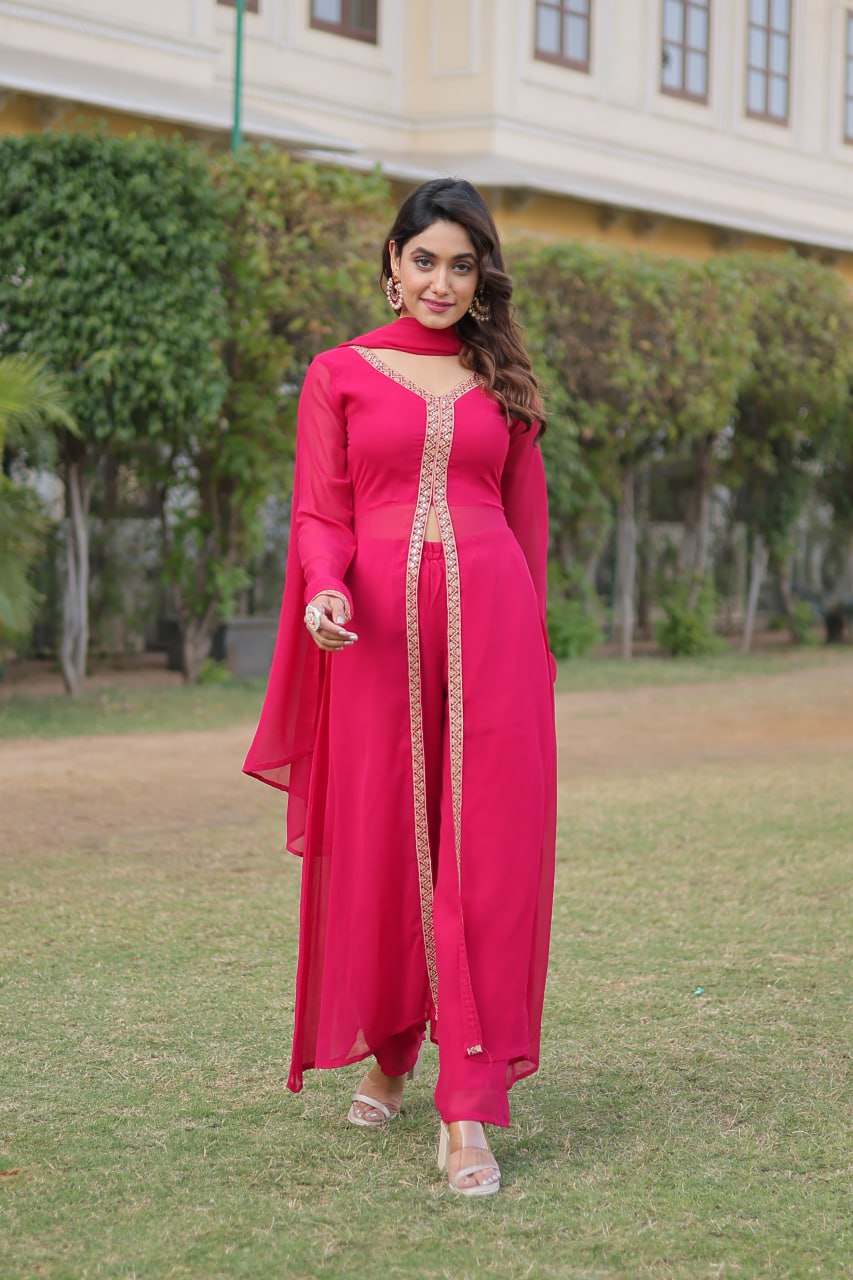 Pink Premium Readymade Kurti Pant Dupatta Set in Faux Blooming & Embroidery
