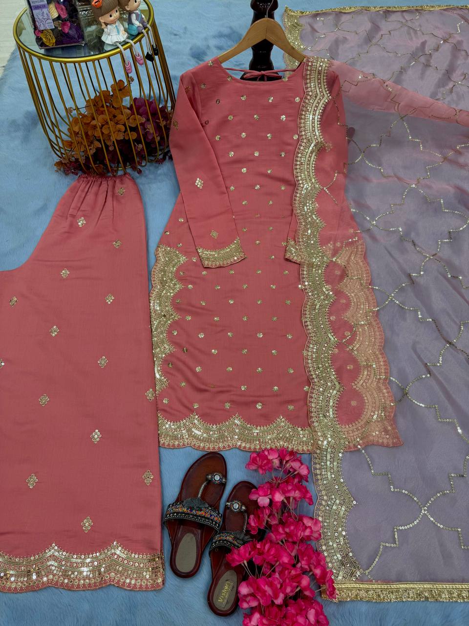 Pink Premium Roman Silk Embroidered Top, Plazzo & Organza Dupatta Set