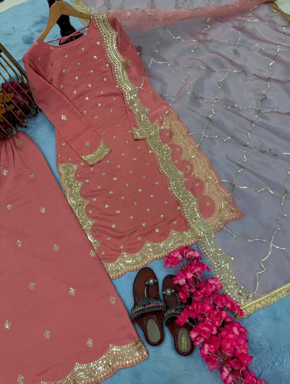 Pink Premium Roman Silk Embroidered Top, Plazzo & Organza Dupatta Set