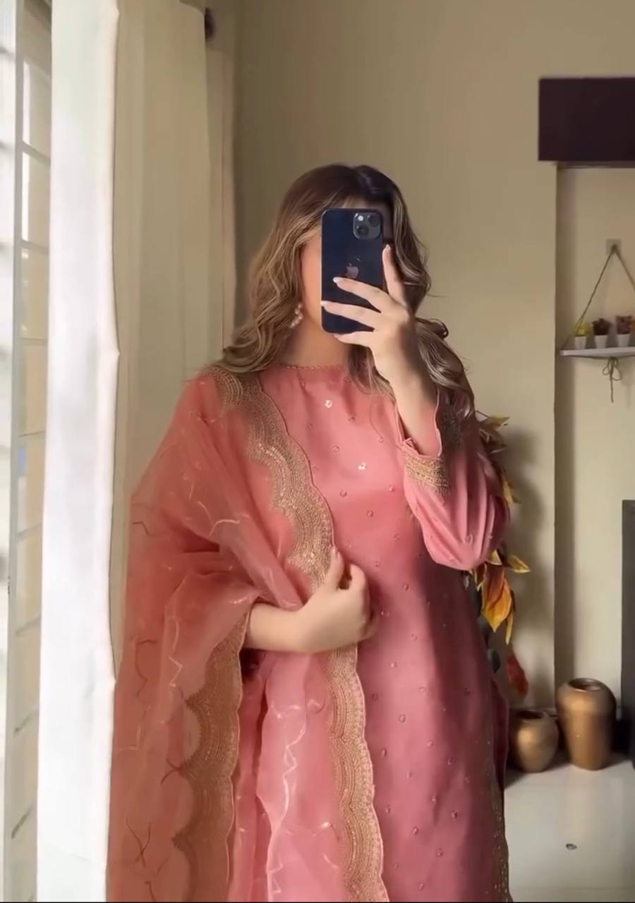 Pink Premium Roman Silk Embroidered Top, Plazzo & Organza Dupatta Set