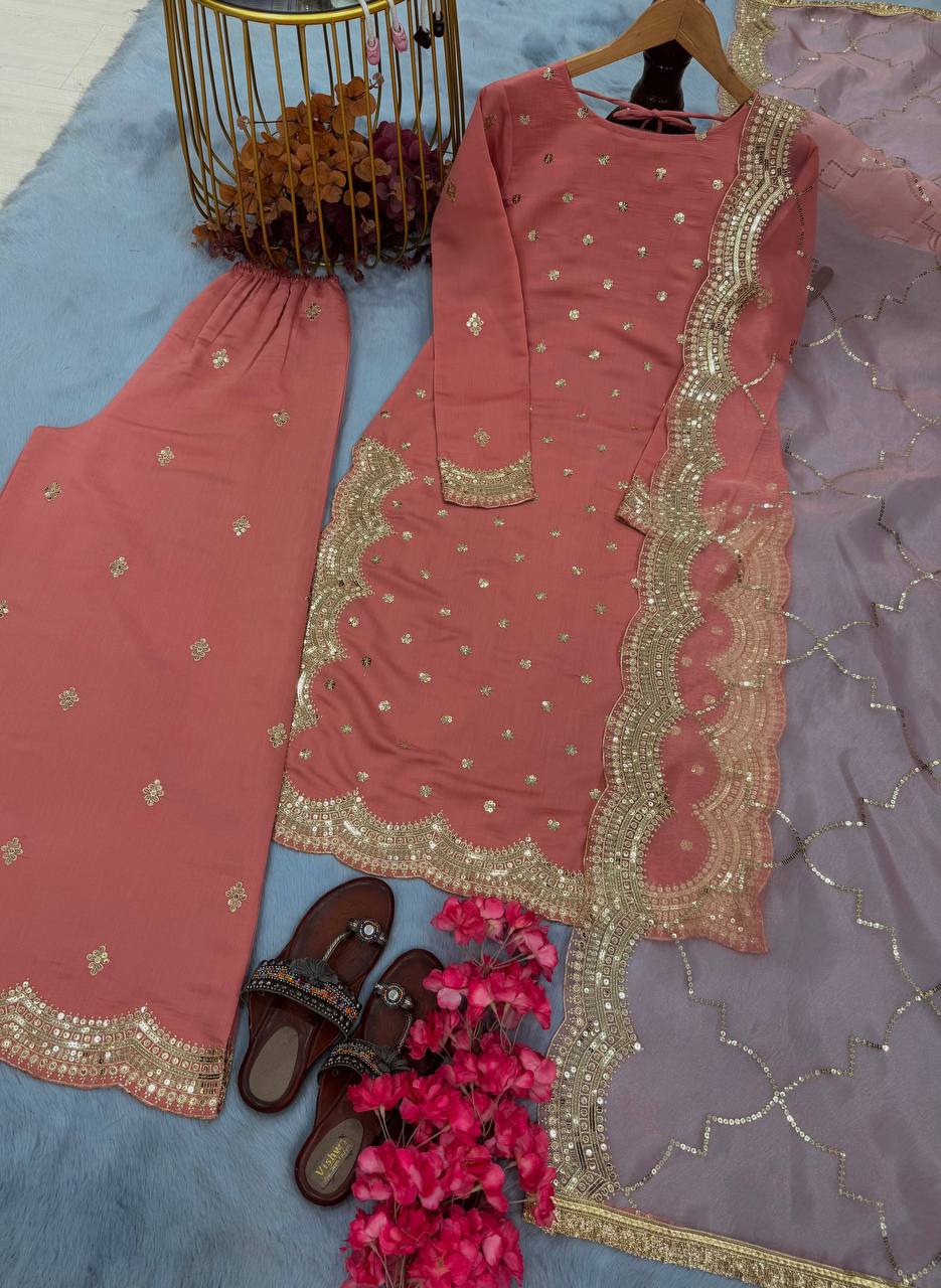 Pink Premium Roman Silk Embroidered Top, Plazzo & Organza Dupatta Set