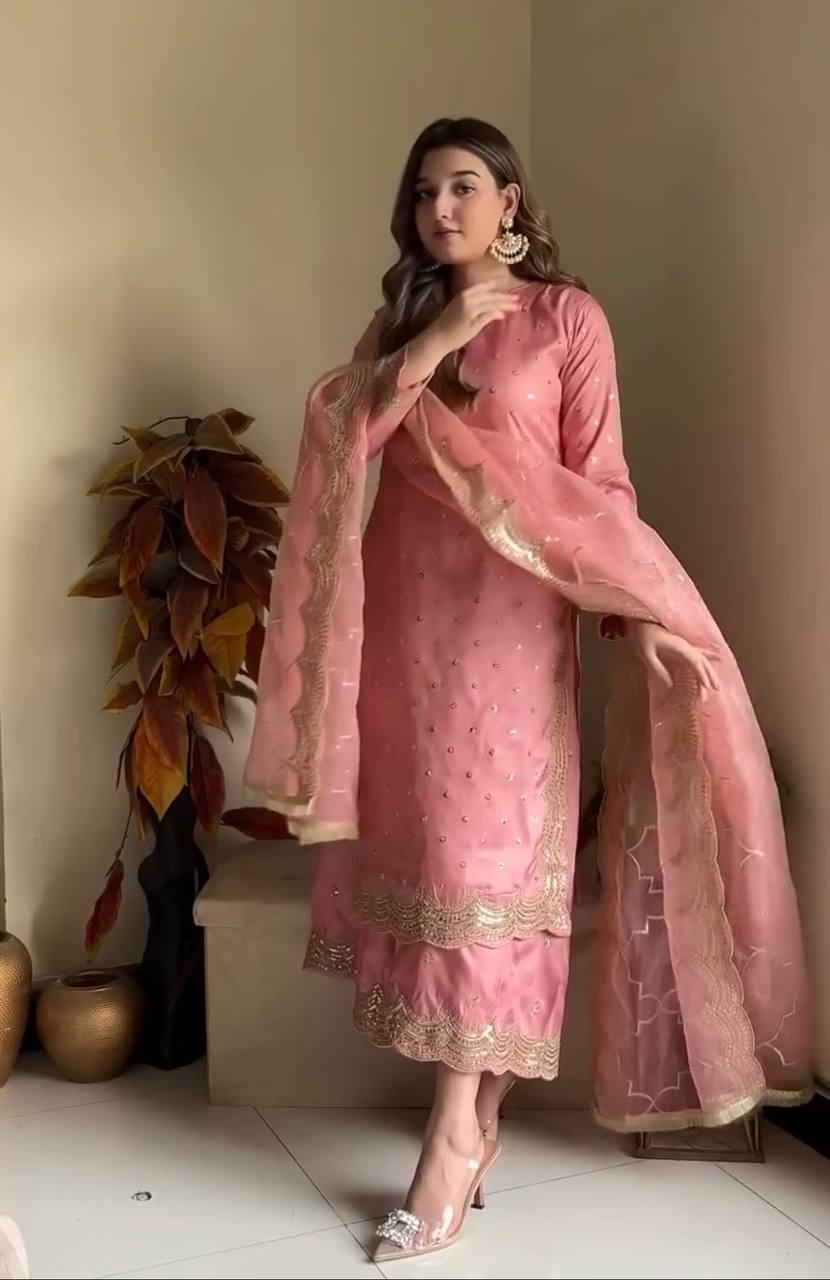 Pink Premium Roman Silk Embroidered Top, Plazzo & Organza Dupatta Set